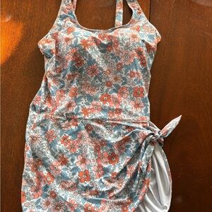 Floral Tie-Side Tank Bathing Suit in Coral & Blue